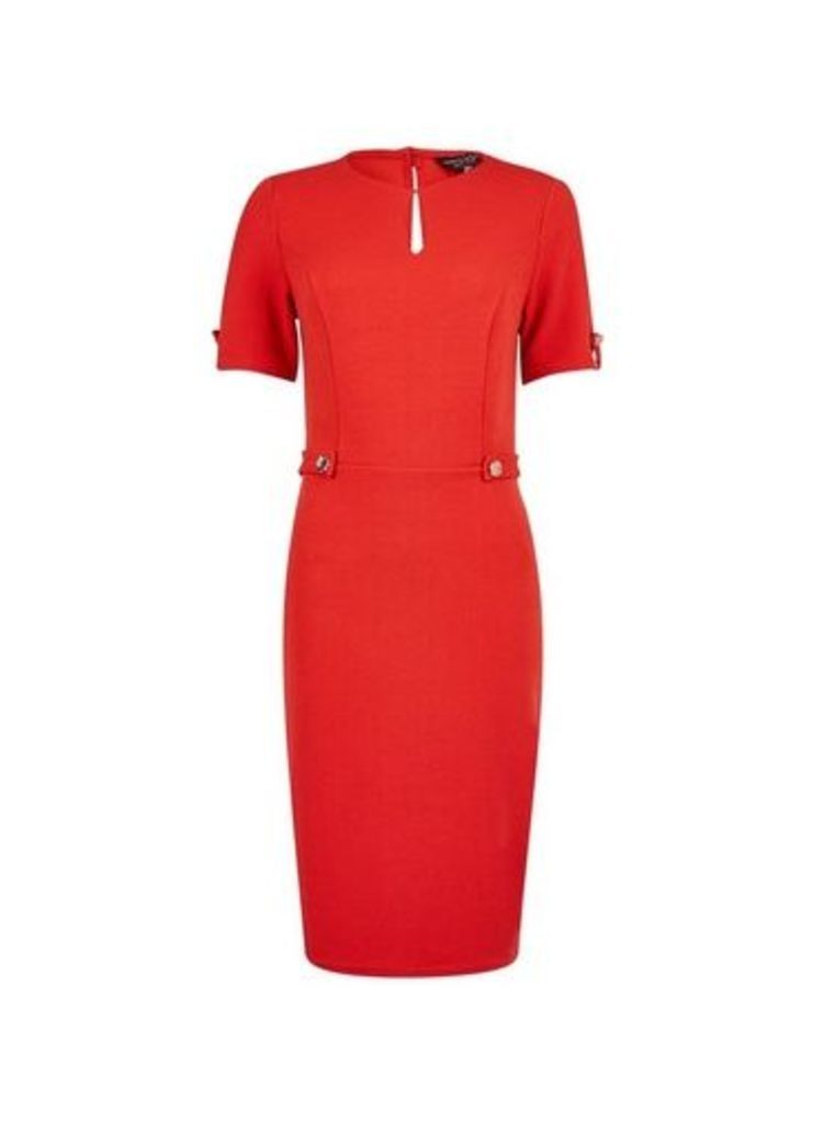 Womens Red Hammered Button Sleeve Bodycon Dress, Red
