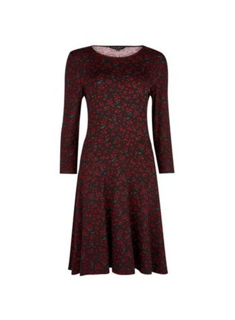 Womens Red Ditsy Print 3/4 Sleeve Fit And Flare Dress, Red
