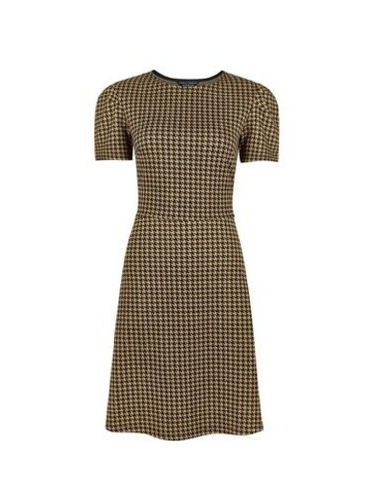 Womens Brown Tuck Sleeve Dogstooth Fit And Flare Dress, Brown