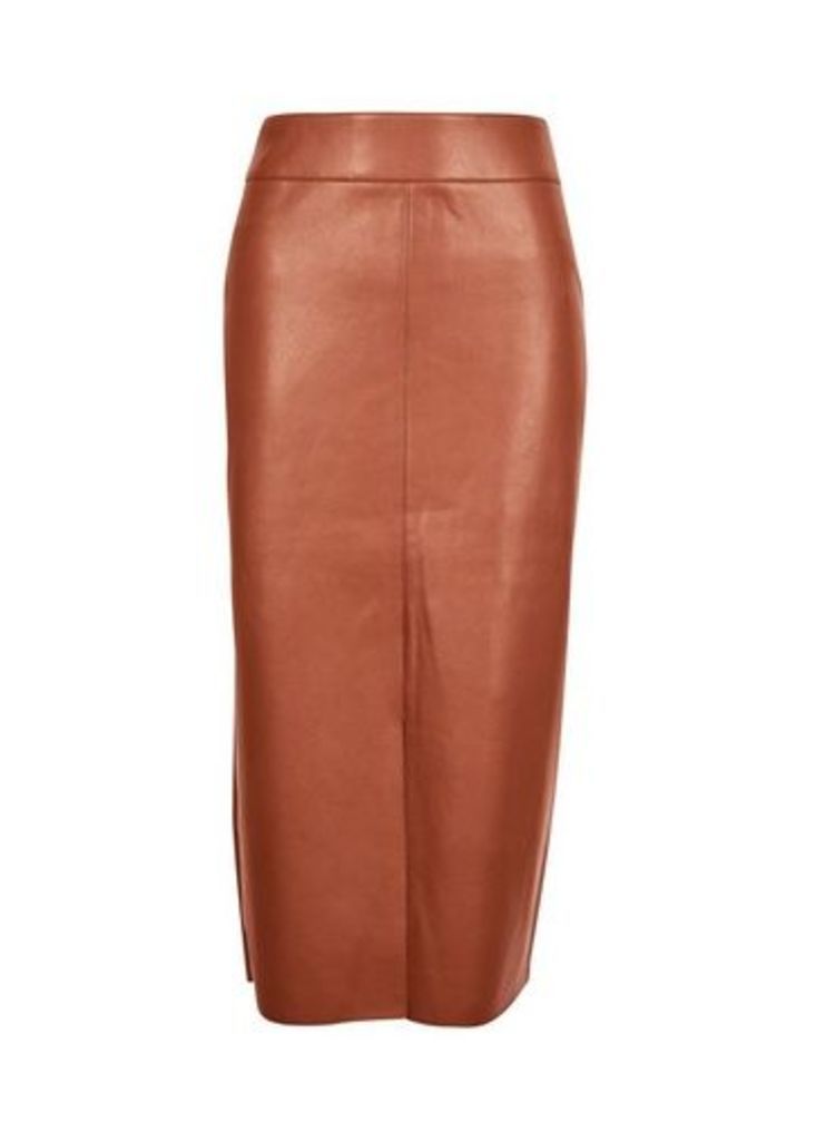 Womens **Tall Tan Pu Midi Pencil Skirt - Brown, Brown