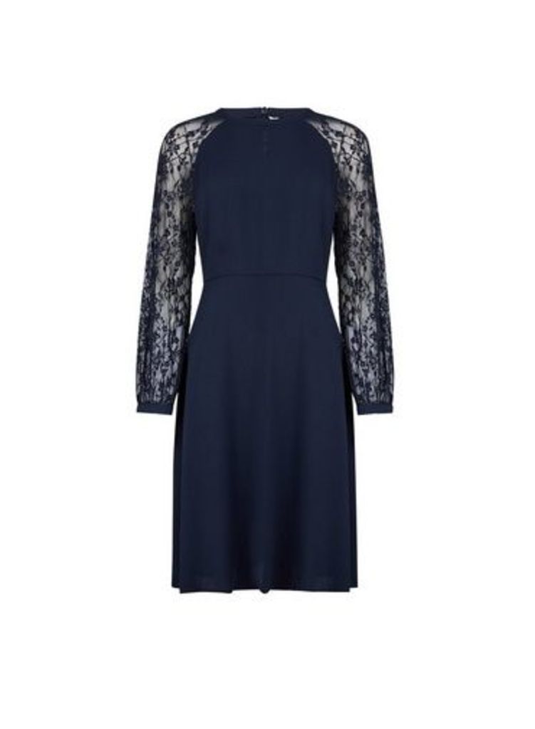 Womens Navy Blue Lace Sleeve Fit And Flare Dress, Blue