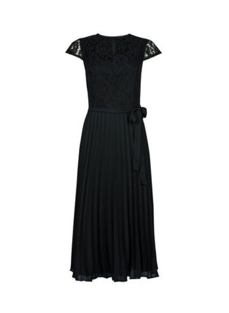 Womens Black Lace Pleated Midi Dress, Black