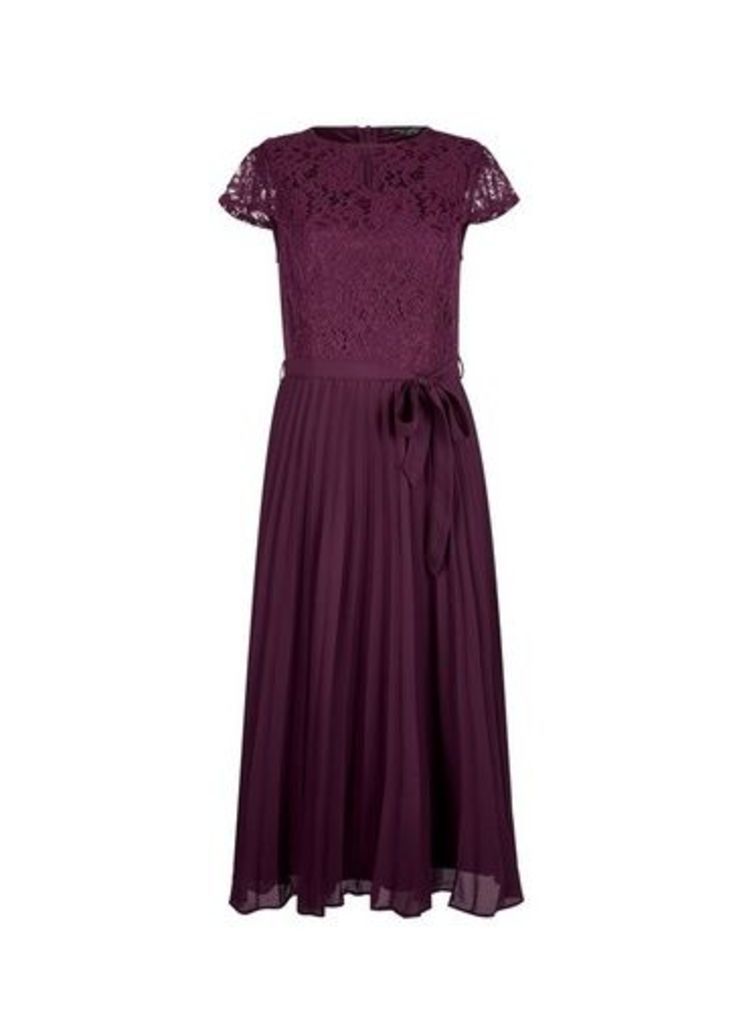 Womens Berry Lace Pleated Midi Dress- Purple, Purple
