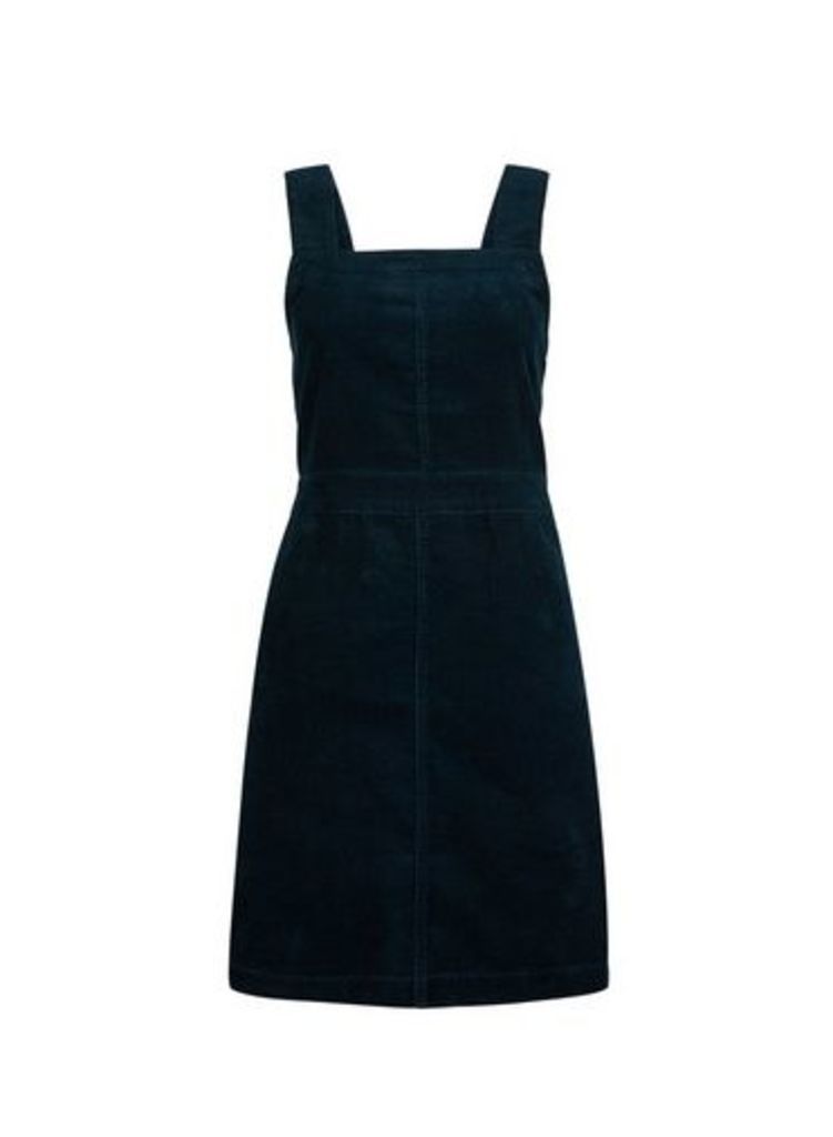 Womens Teal Cord Square Neck Pinafore Dress - Blue, Blue