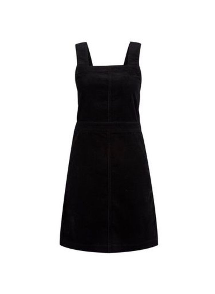Womens Black Cord Square Neck Pinafore Cotton Dress, Black