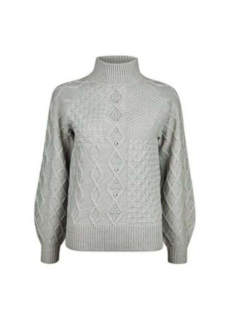 Womens Grey High Neck Cable Jumper, Grey