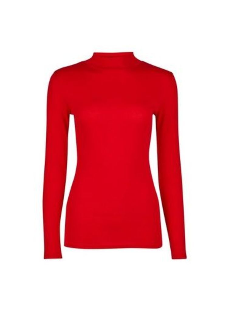 Womens Red Plain Funnel Neck Cotton T-Shirt, Red