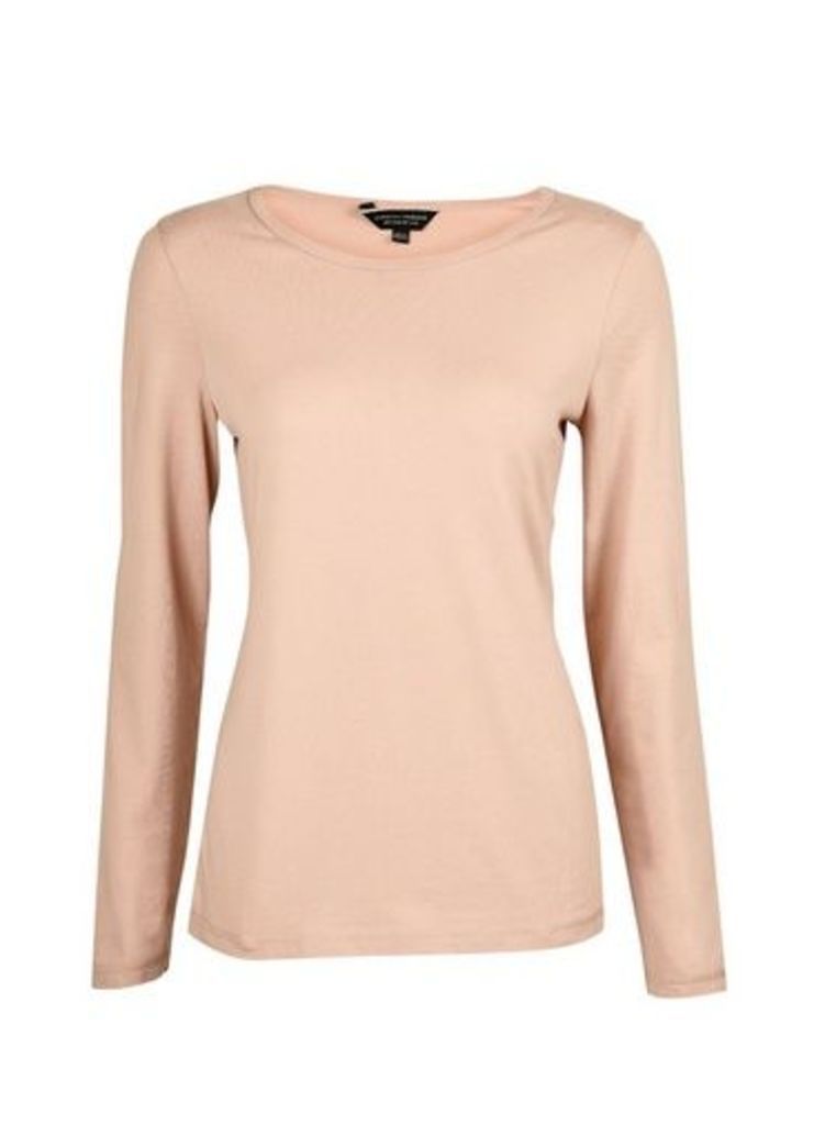 Womens Blush Long Sleeve Crew Neck Cotton T-Shirt- Pink, Pink