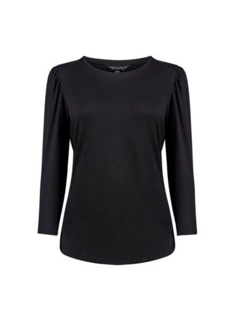 Womens Black Puff Sleeve Cotton T-Shirt- Black, Black