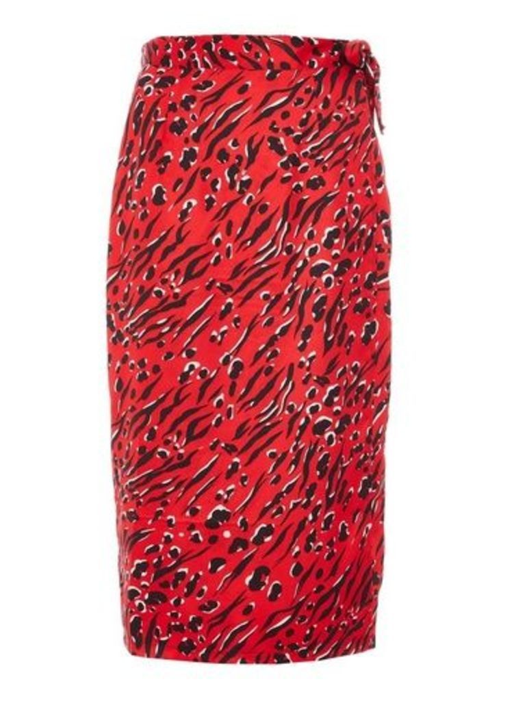 Womens *Quiz Red Satin Animal Print Wrap Skirt, Red