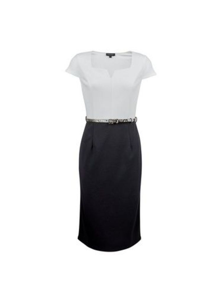 Womens **Black And White Colour Block Belted Pencil Dress, Black