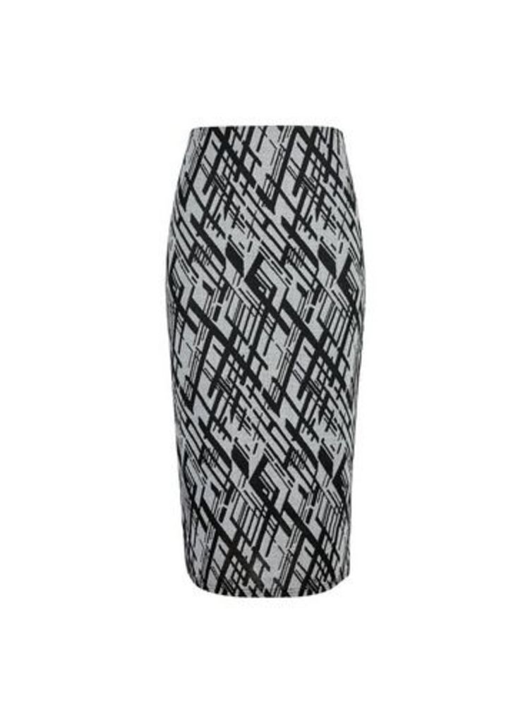 Womens Grey Abstract Jacquard Print Pencil Skirt, Grey