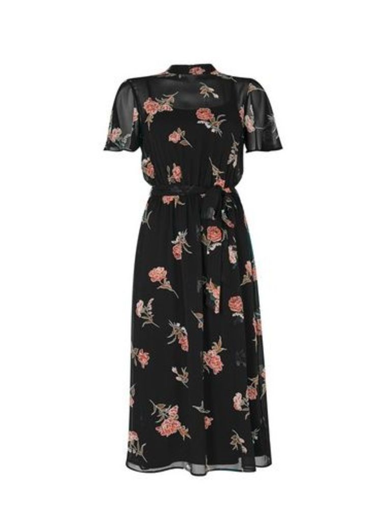 Womens Black Floral Print Belted Fit And Flare Dress, Black