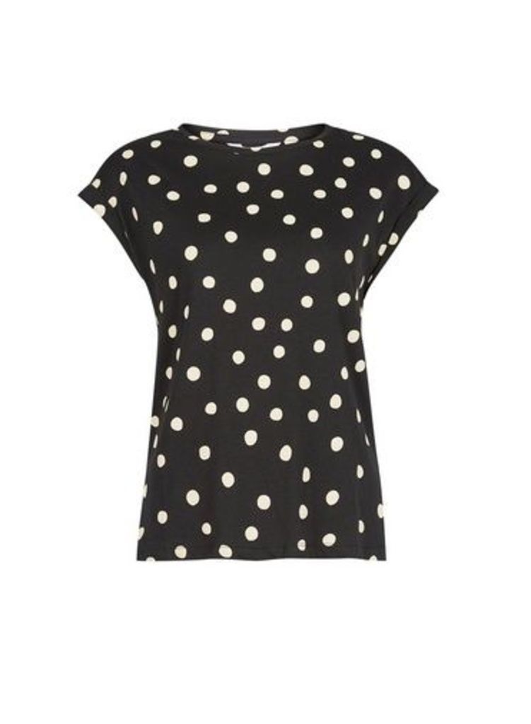 Womens Petite Black Spot Print Cotton T-Shirt, Black