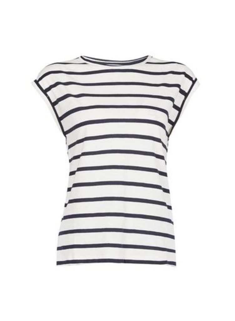 Womens Petite Multi Coloured Stripe Print Cotton T-Shirt- Blue, Blue