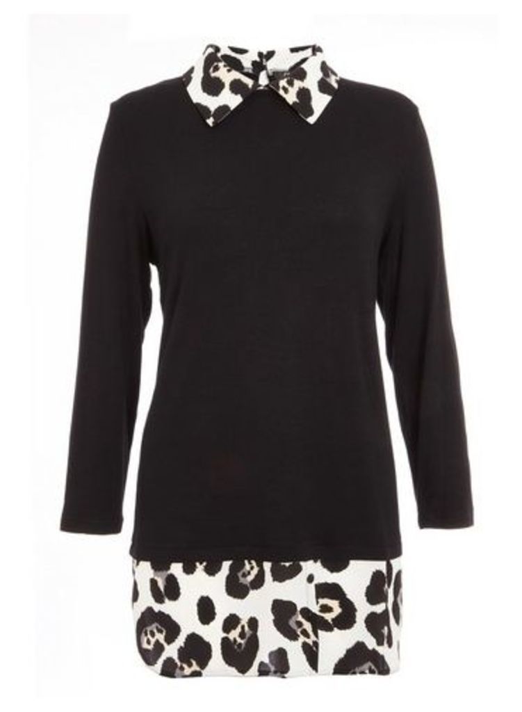 Womens *Quiz Leopard Print Shirt Knit Top - Black, Black