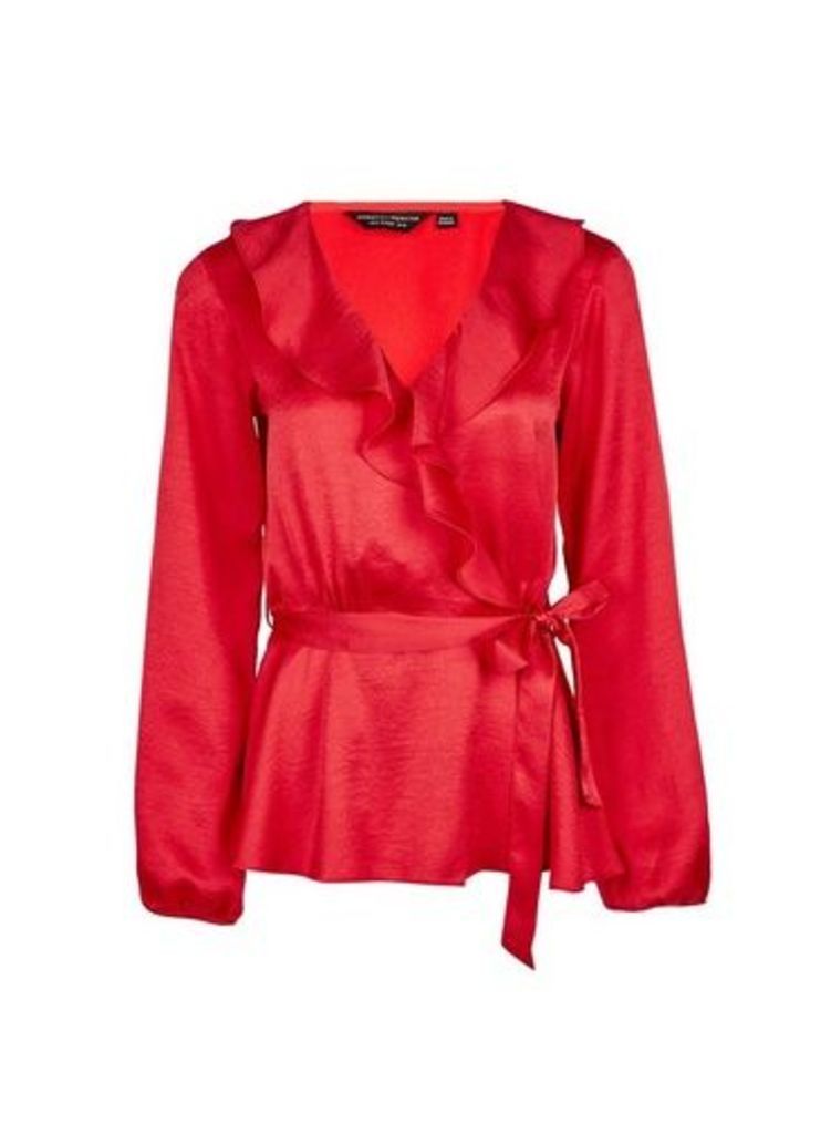 Womens Red Ruffle Wrap Top, Red
