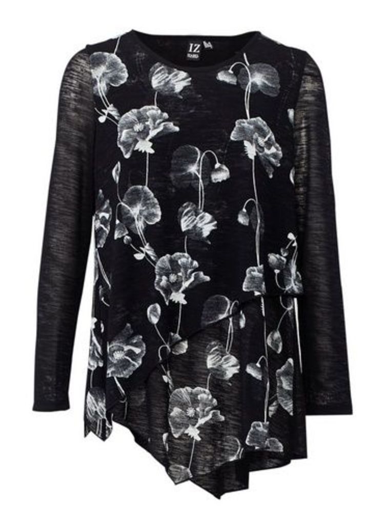 Womens Izabel London Black Floral Print Asymmetric Top, Black