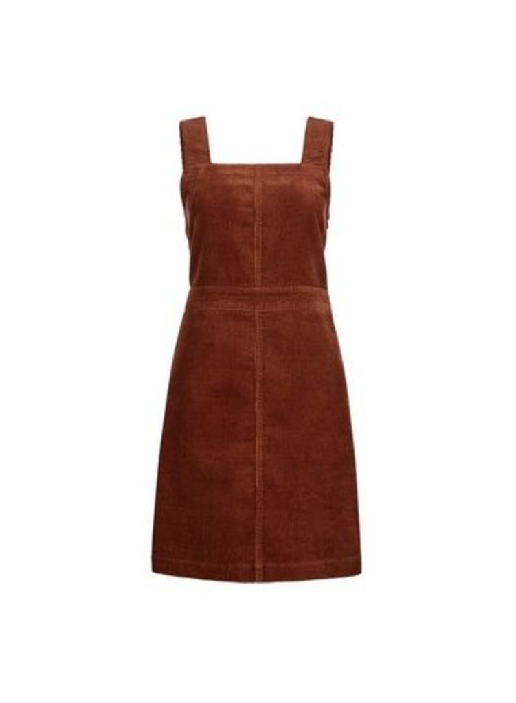 Womens Tan Corduroy Square Neck Pinafore Dress - Brown, Brown