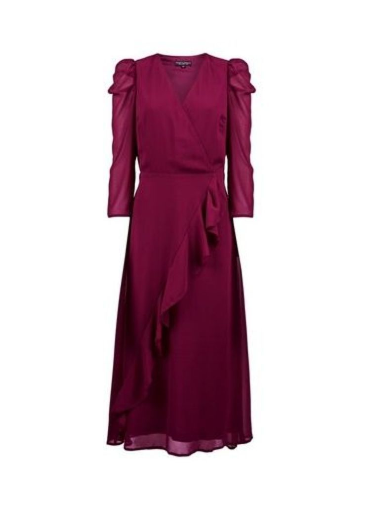 Womens Berry Puff Sleeve Wrap Dress - Purple, Purple