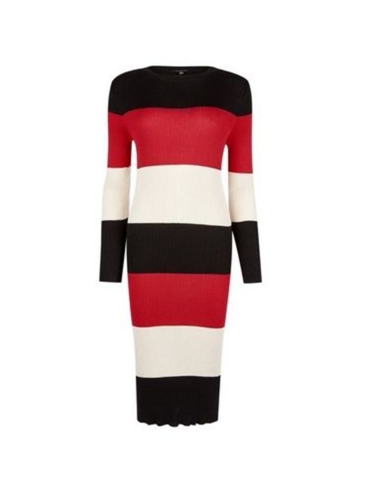 Womens Multicolour Block Stripe Ribbed Knitted Dress- Multi Colour, Multi Colour