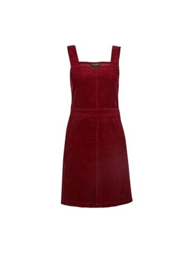 Womens Berry Cord Square Neck Cotton Pinafore Dress- Red, Red