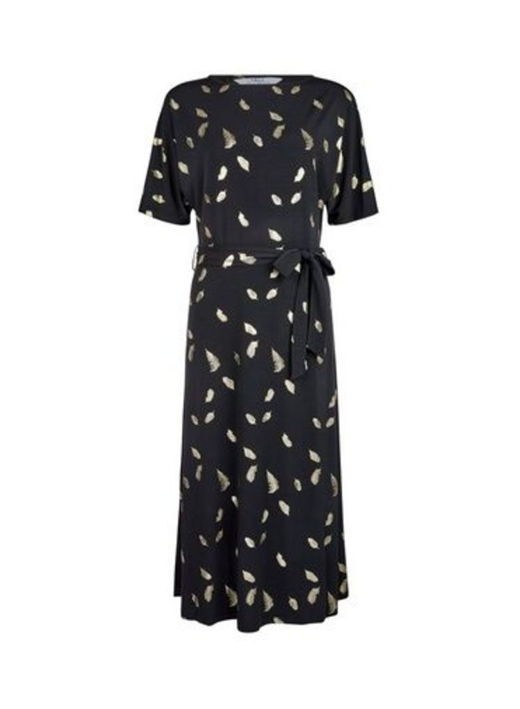 Womens Tall Black Foil Feather Print Midi Dress, Black