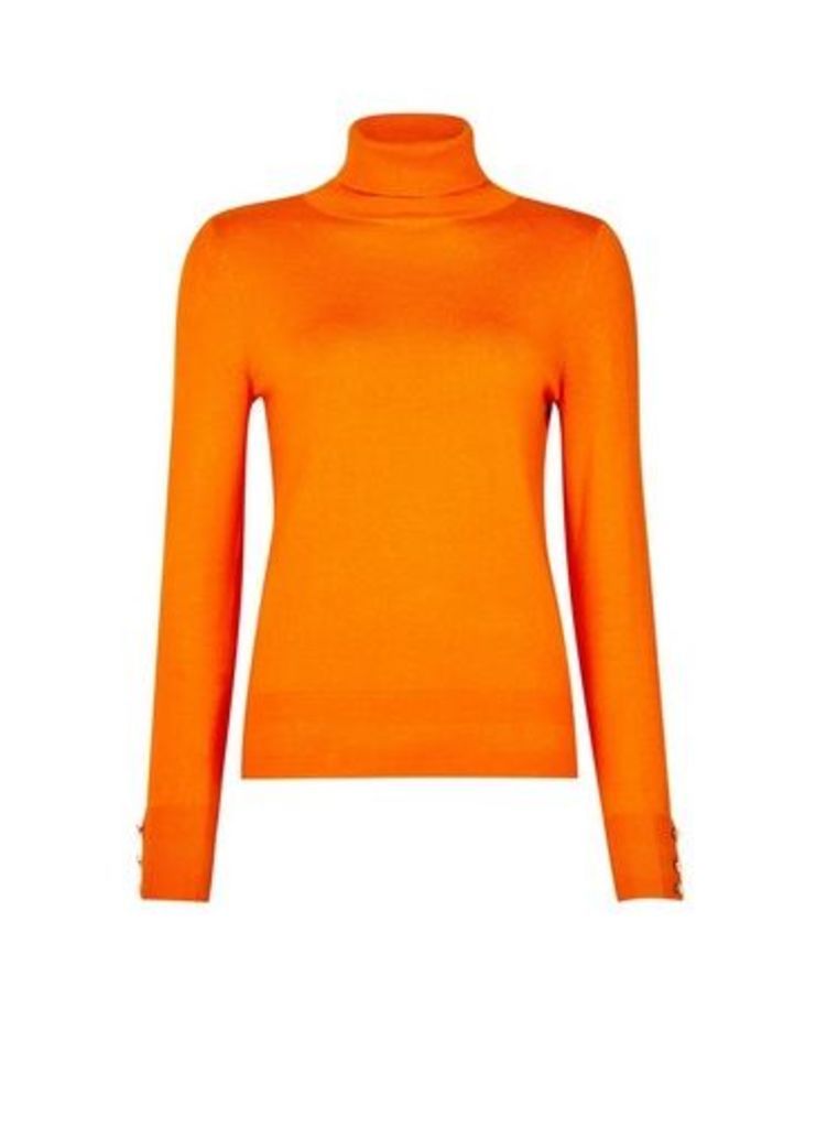 Womens Orange Button Cuff Roll Neck Jumper, Orange