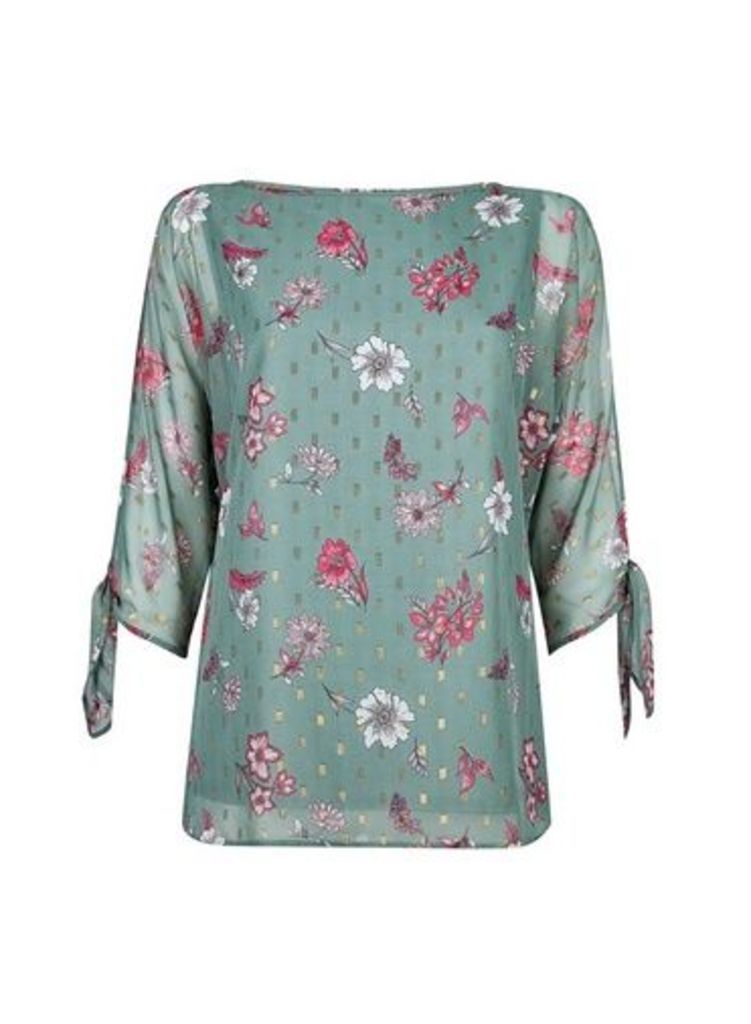 Womens **Billie & Blossom Tall Sage Floral Print Tie Sleeve Blouse - Green, Green