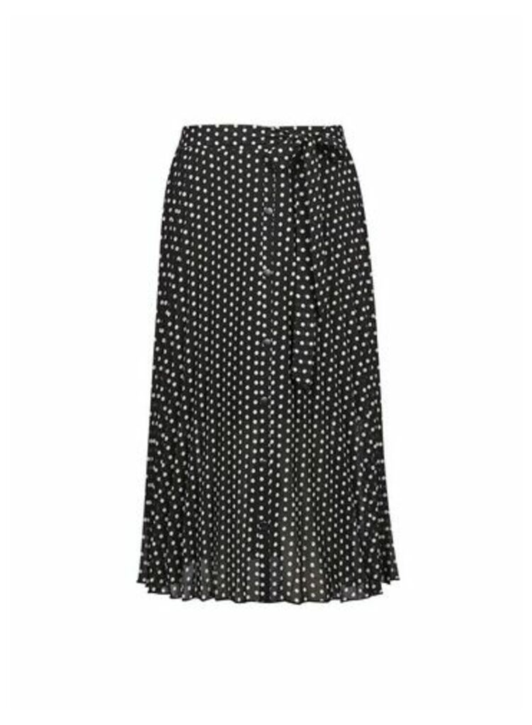 Womens Petite Black Polka Dot Print Pleated Midi Skirt, Black