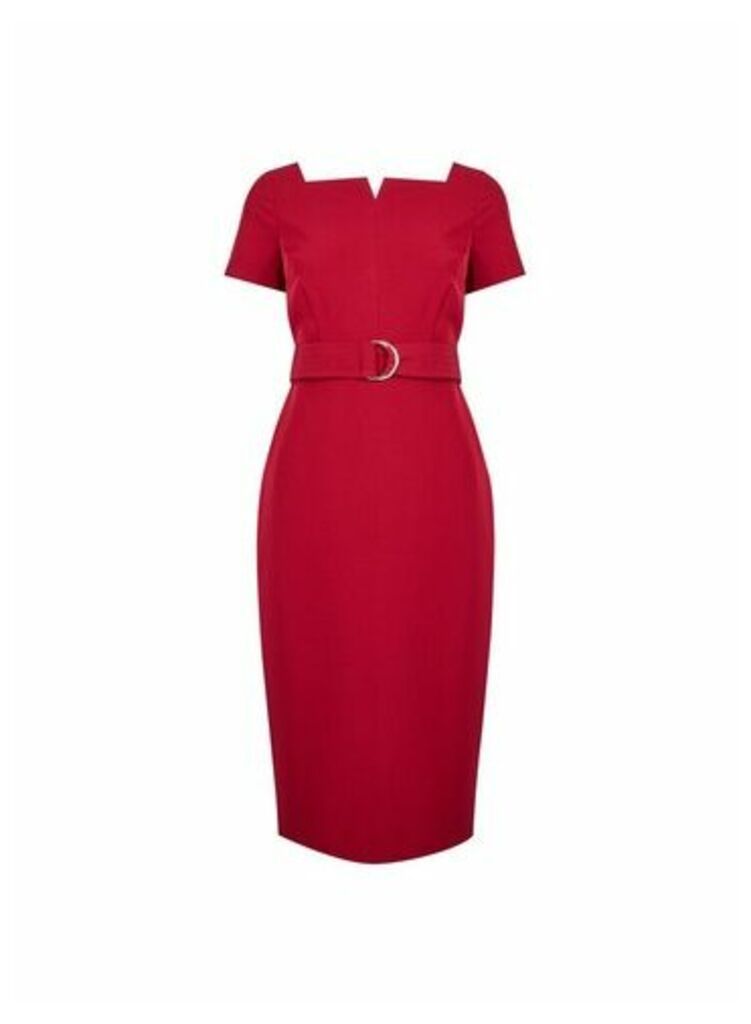 Womens Petite Raspberry Square Neck Belted Dress- Pink, Pink