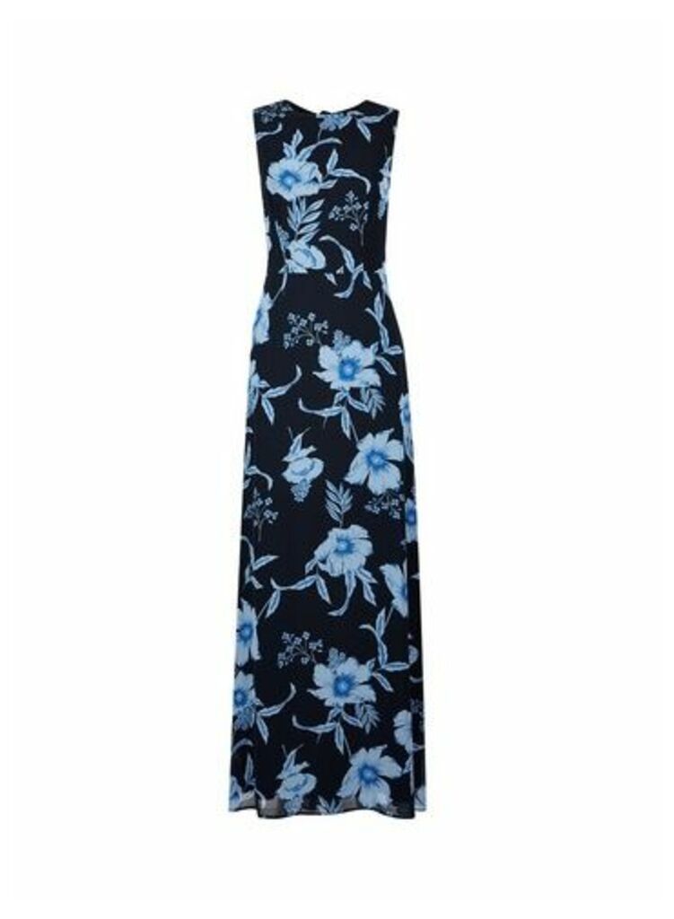 Womens Navy Floral Print Maxi Dress- Blue, Blue