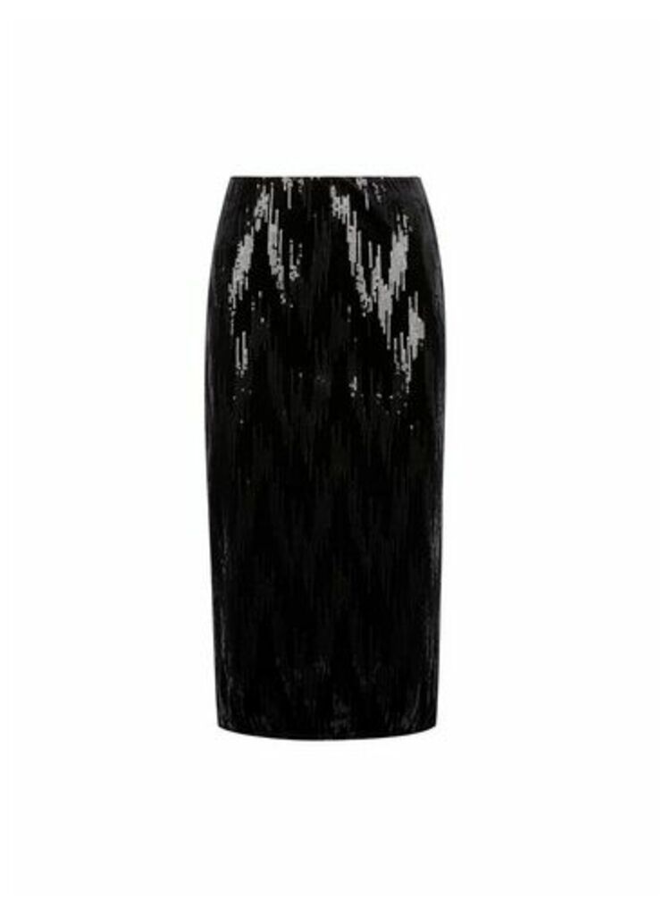 Womens Black Velvet Sequin Pencil Skirt, Black