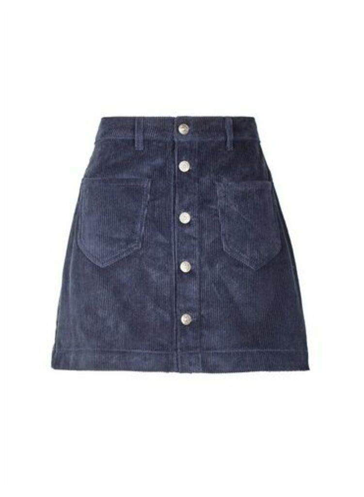 Womens **Only Navy Corduroy Button Skirt- Blue, Blue