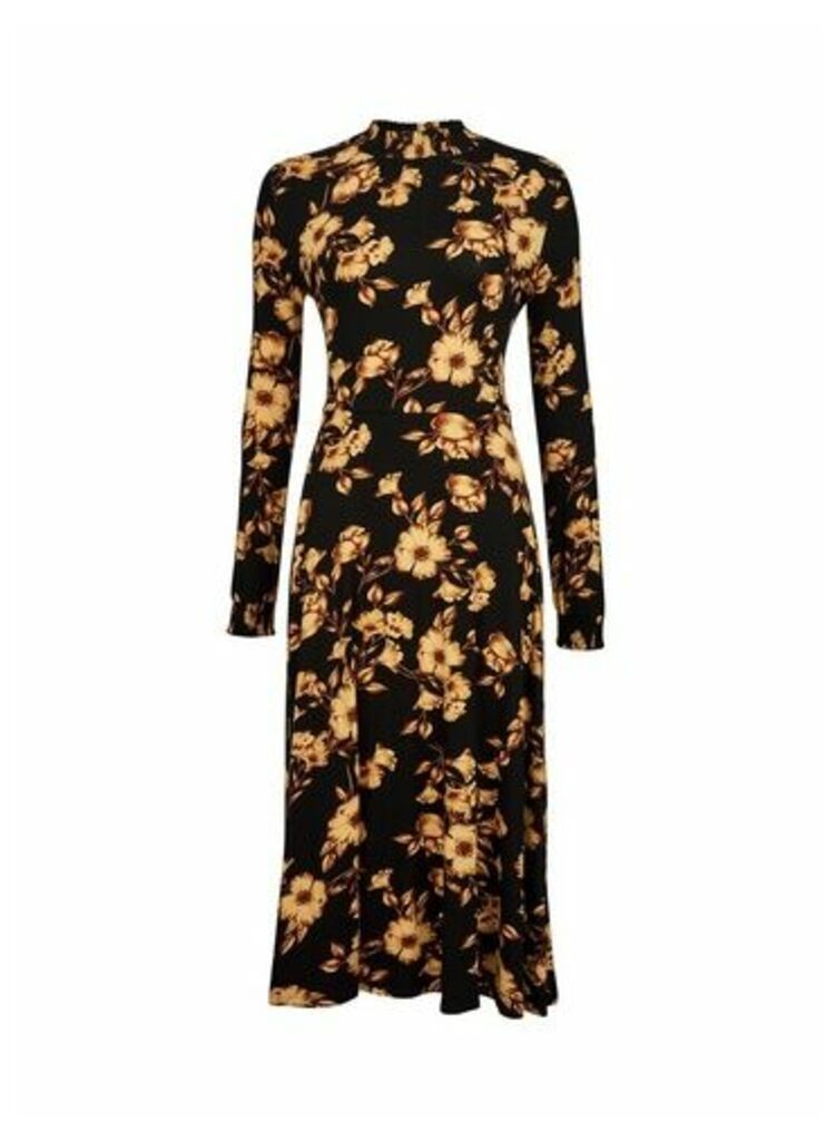 Womens Black Floral Print Shirred Midi Dress, Black