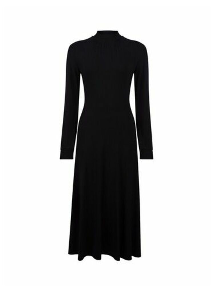 Womens Plain Black Shirred Midi Dress, Black