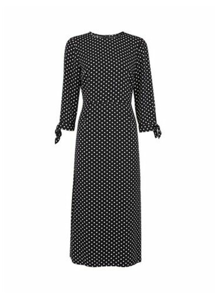 Womens Black Spot Print Tie Sleeve Midi Dress, Black