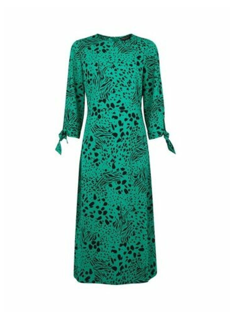 Womens Green Leopard Print Tie Sleeve Midi Dress, Green