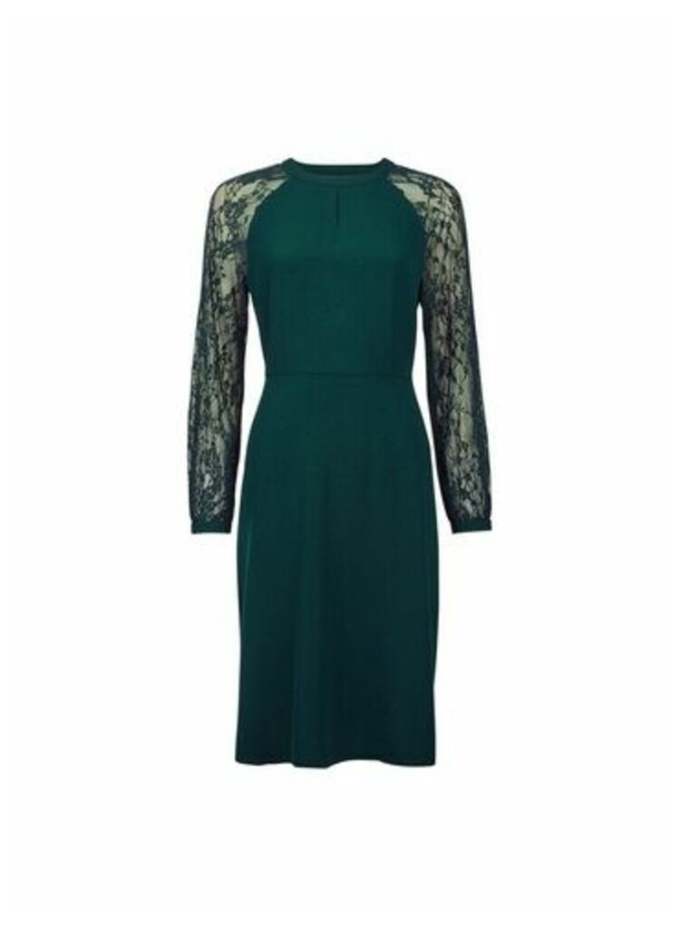 Womens Green Lace Sleeve Fit And Flare Dress, Green