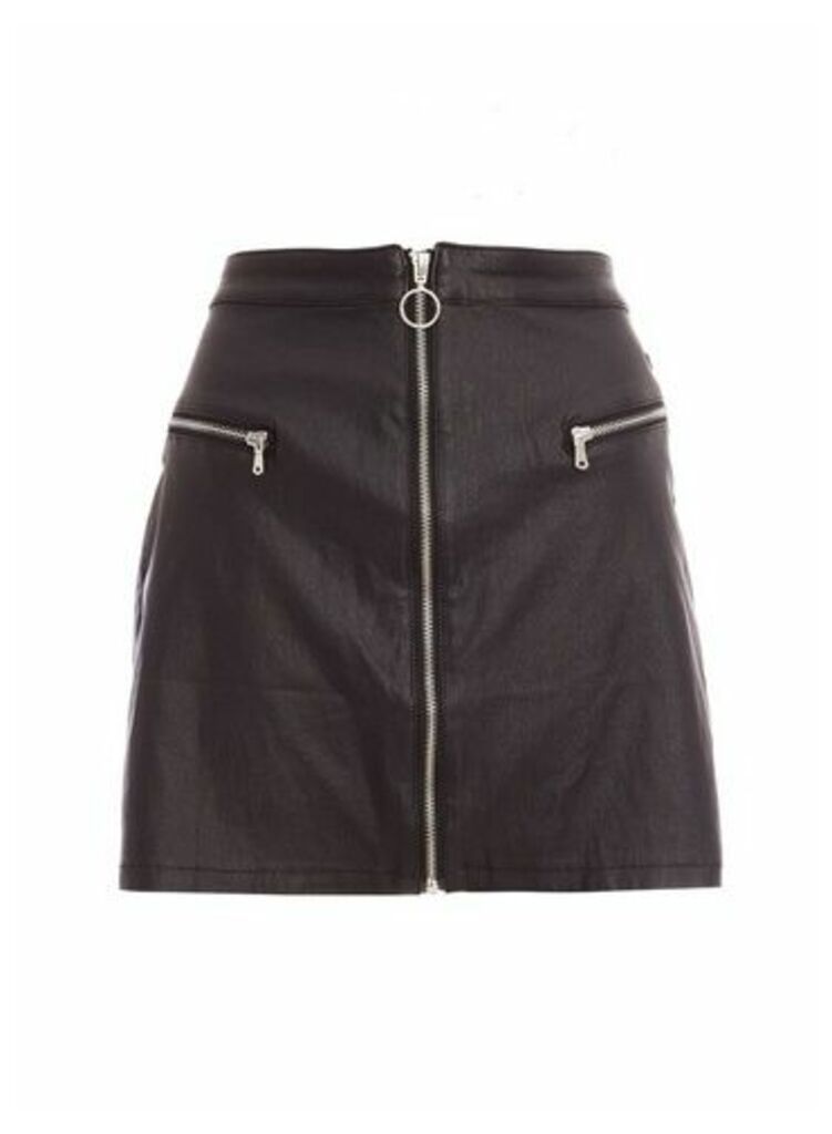 Womens Quiz Black Faux Leather Zip Front Skirt, Black
