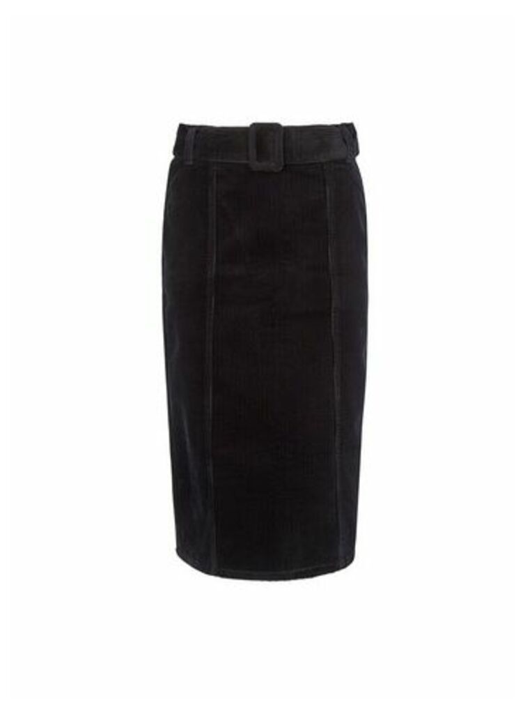 Womens Black Belted Corduroy Midi Skirt, Black