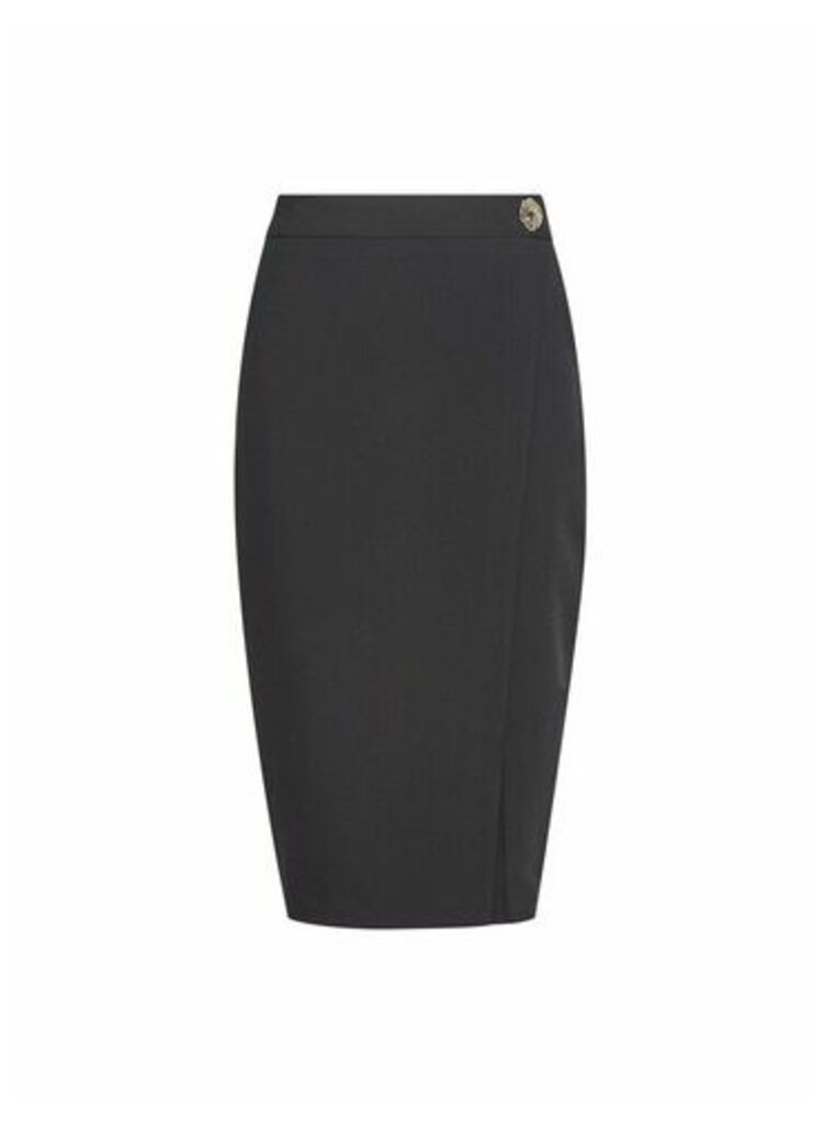 Womens Black Knee Length Button Skirt, Black