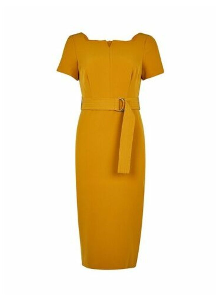 Womens Dp Petite Yellow Square Neck Belted Pencil Dress, Yellow