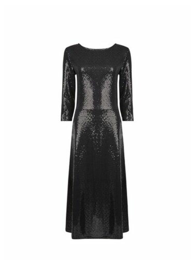 Womens Tall Back Sequin Midi Dress - Black, Black