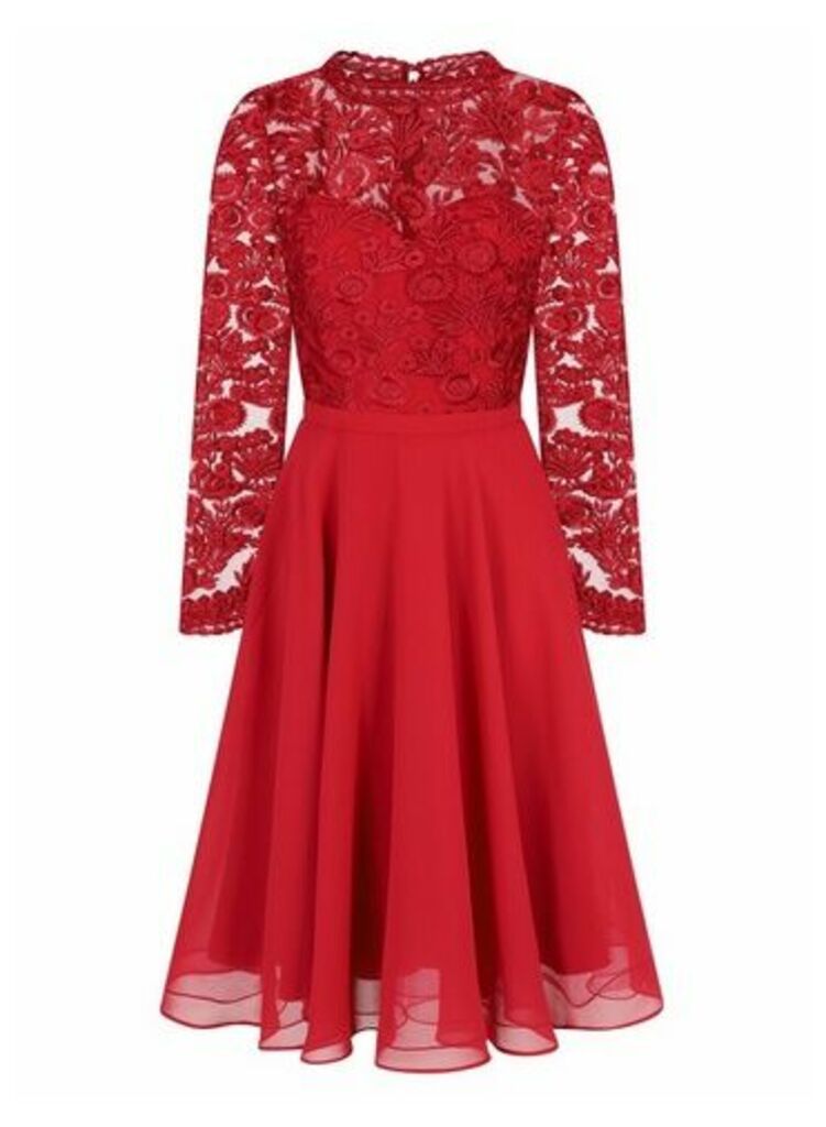 Womens Chi Chi London Red Embroidered Midi Skater Dress, Red