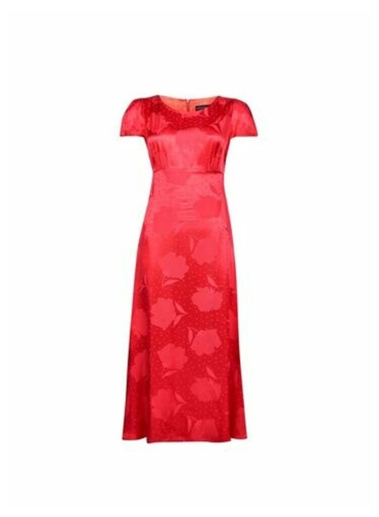 Womens Red Floral Print Jacquard Tea Midi Dress, Red
