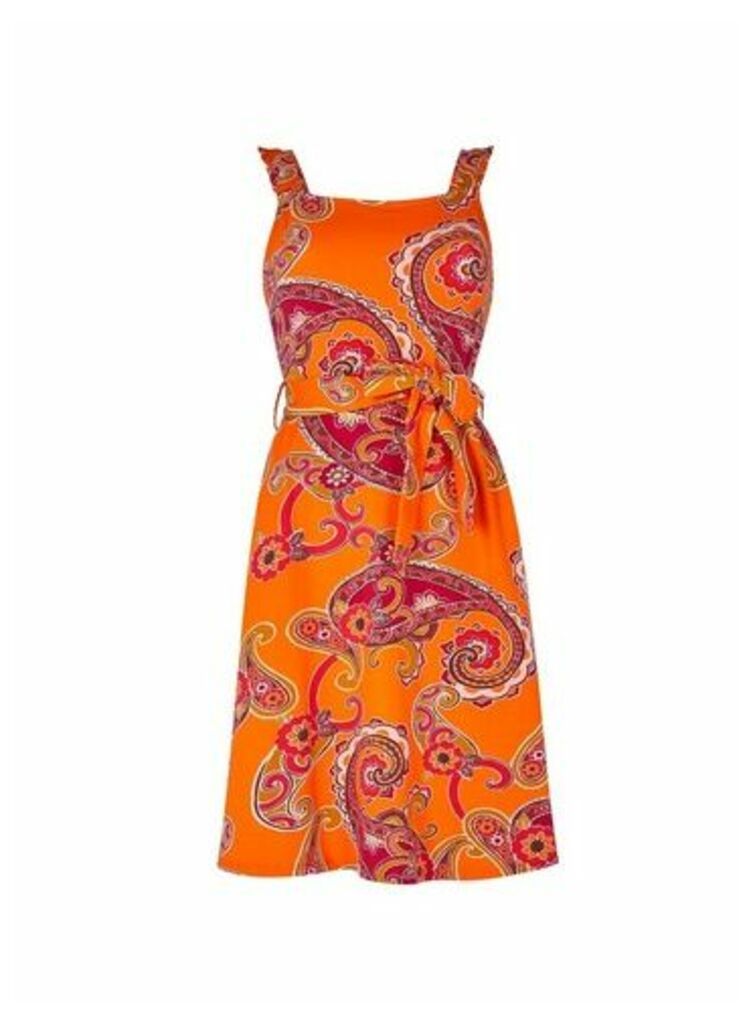 Womens Orange Paisley Print Fit And Flare Dress, Orange