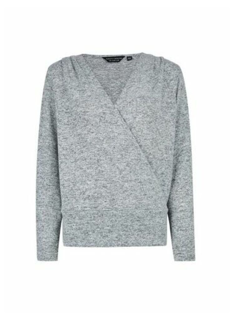 Womens Grey Brushed Wrap Front Jumper, Grey