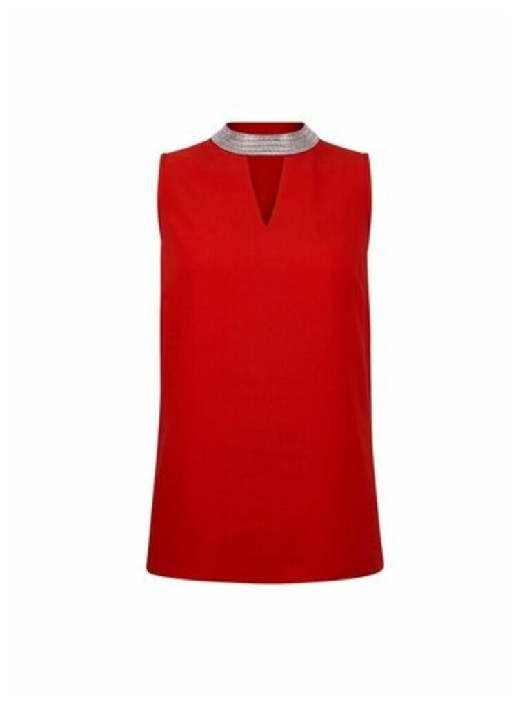 Womens Red Embellished Neck Top, Red