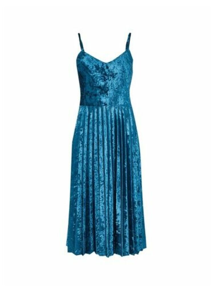 Womens Luxe Teal Velvet Pleat Cami Dress - Blue, Blue